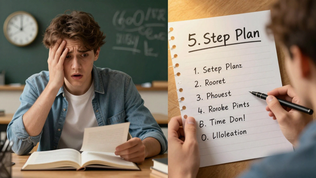 Split image showing a student's transition from panic at a blank page to calm focus using a timed planning method.