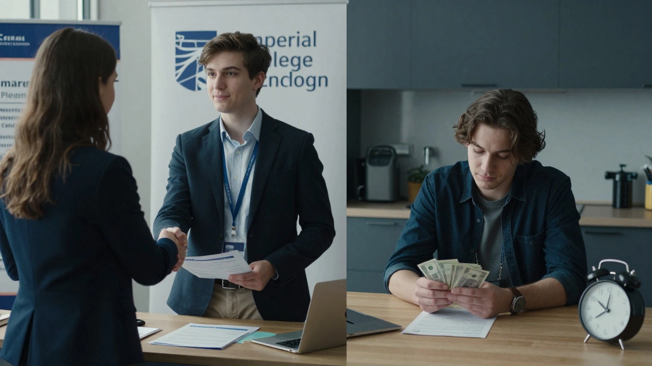 Split image: student at career fair versus student counting money with tuition bill.