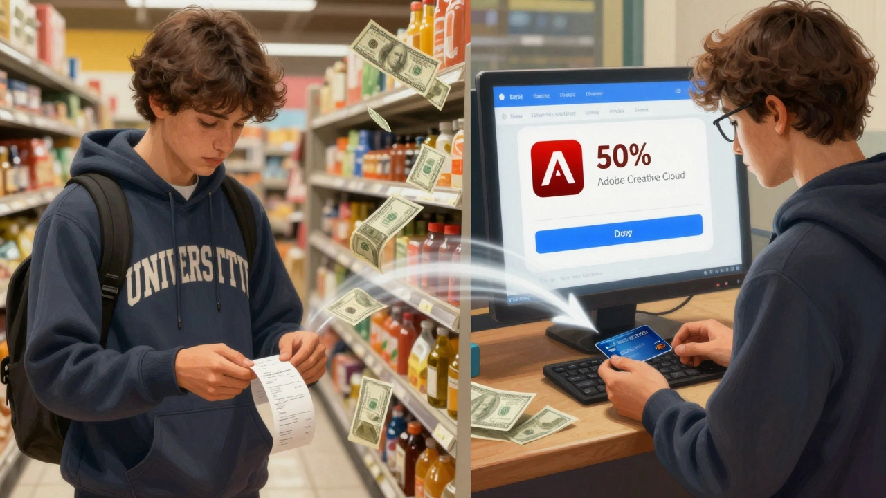 Split-screen of student scanning receipt and applying student discount to software subscription.