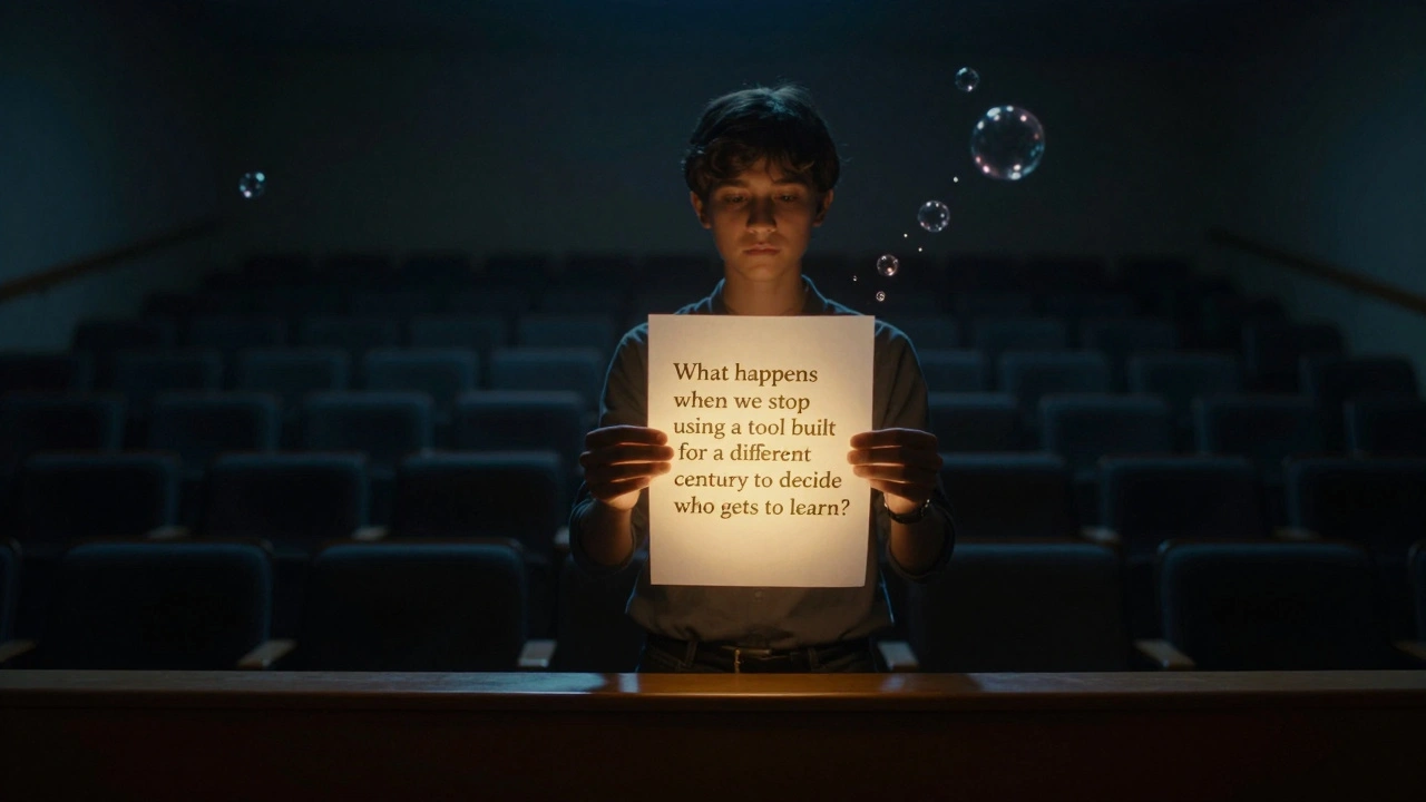 Student in empty lecture hall holding glowing conclusion question