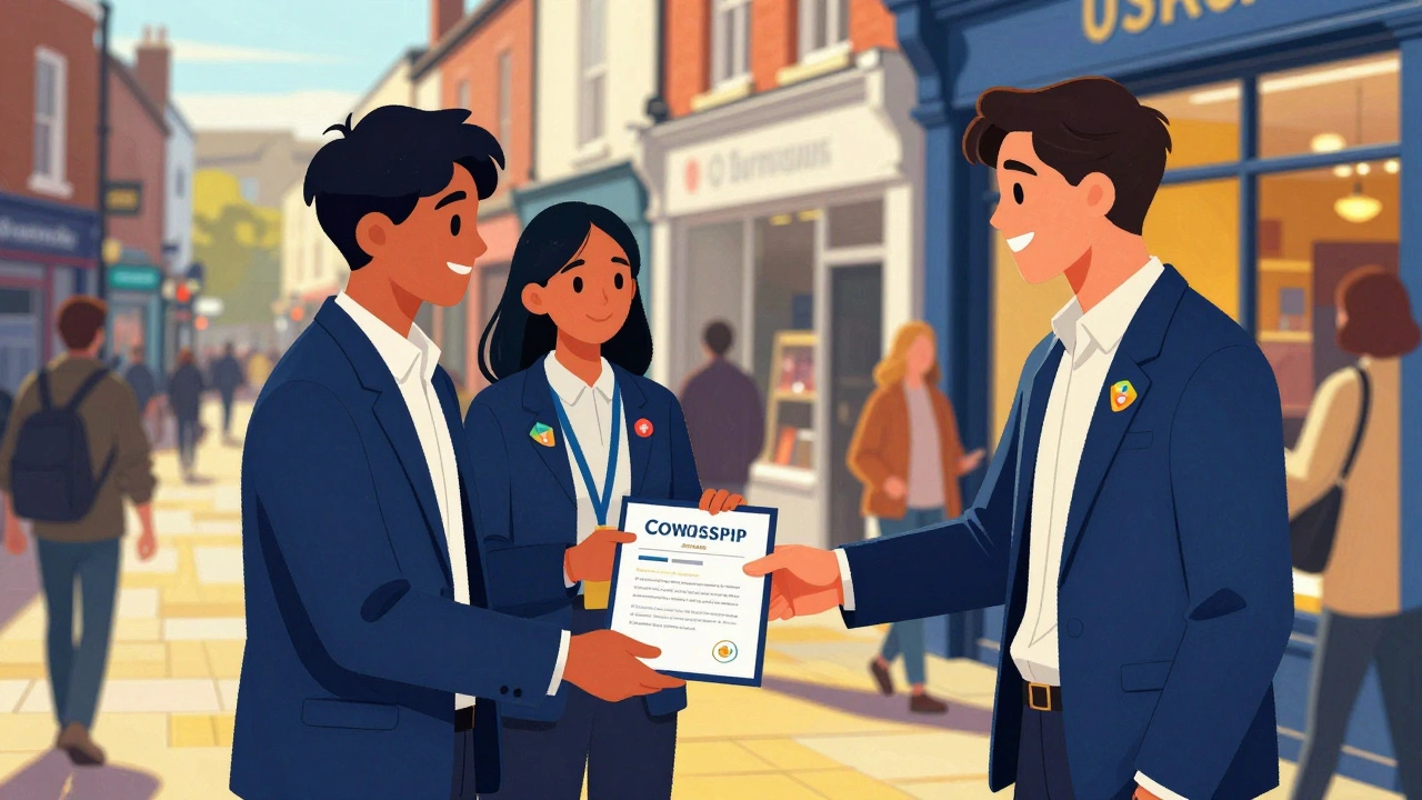 Student representatives pitching sponsorship to a local business owner.