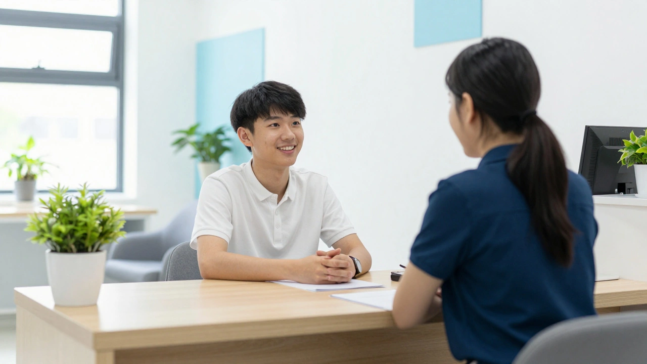 Student talking to receptionist inside modern medical clinic office