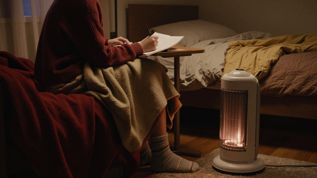 Student wearing layers and using a heated blanket while studying.