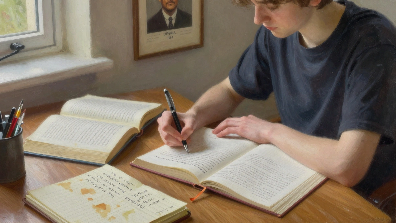Student writing an essay on Shakespeare and feminist theory in a library, surrounded by books and annotations.
