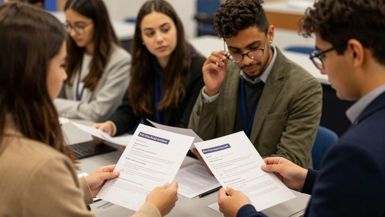 Students at a UK careers fair handing CVs to employers, focusing on clear work experience and job matching.