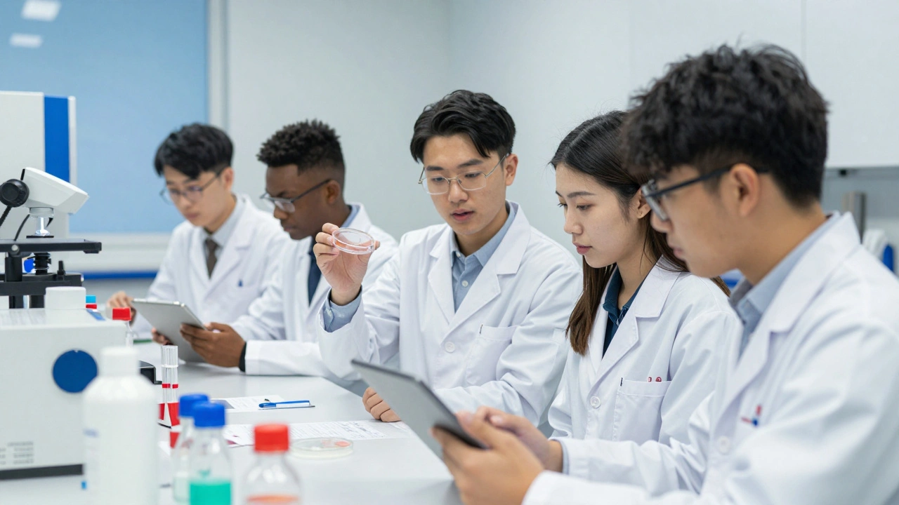Students conducting research in a high-tech lab with advanced scientific equipment.