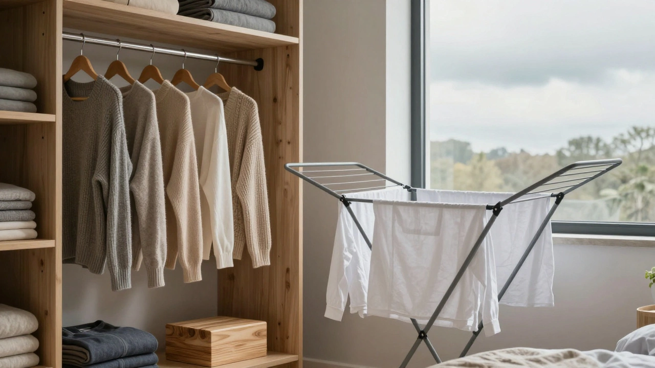 Sweaters and shirts hanging on racks inside a tidy student bedroom.