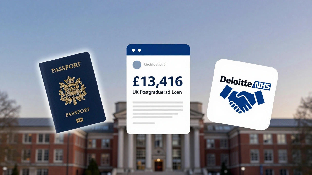 Symbolic representation of UK postgraduate funding sources: scholarship, government loan, and employer sponsorship.