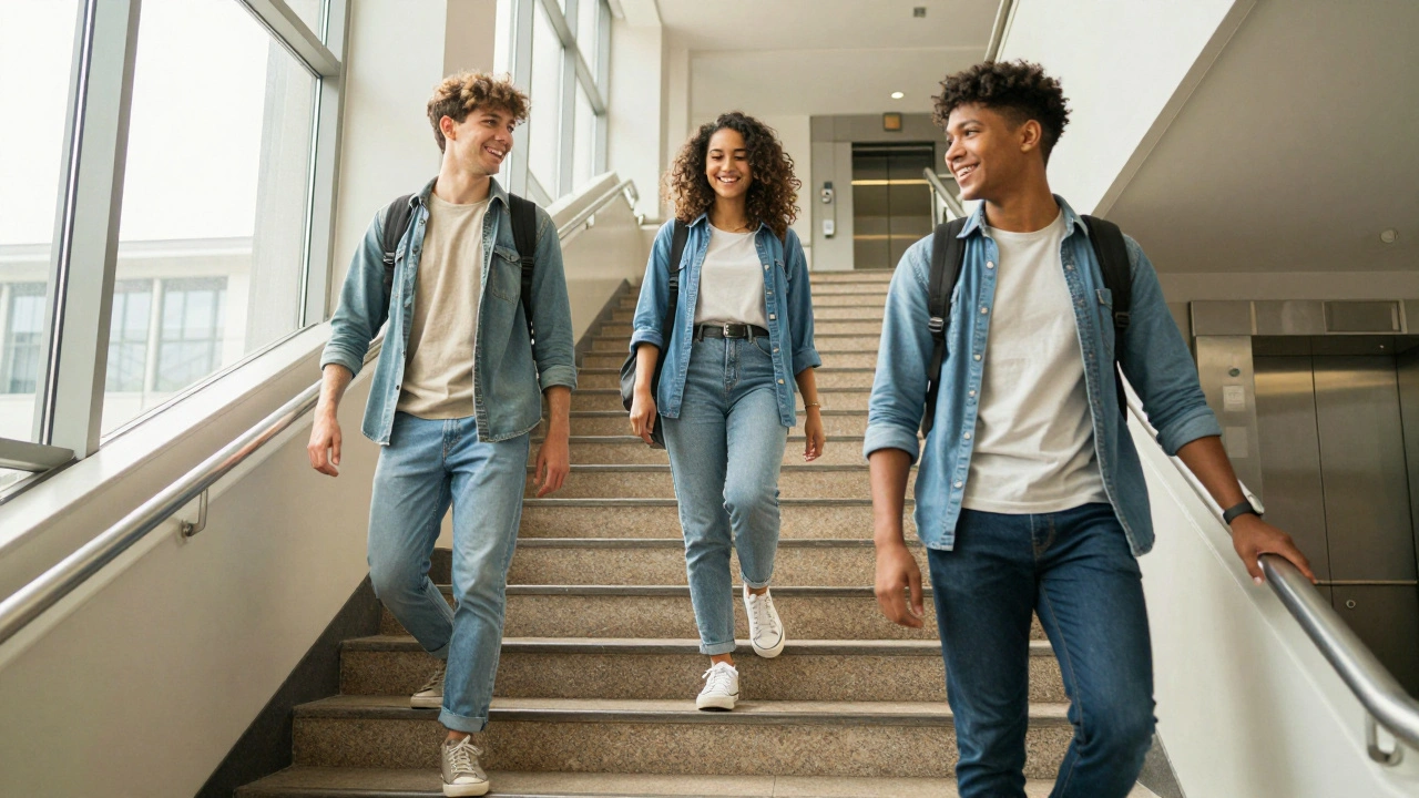 Three students laughing as they take the stairs, sunlight streaming through windows, showing movement as a daily reset.