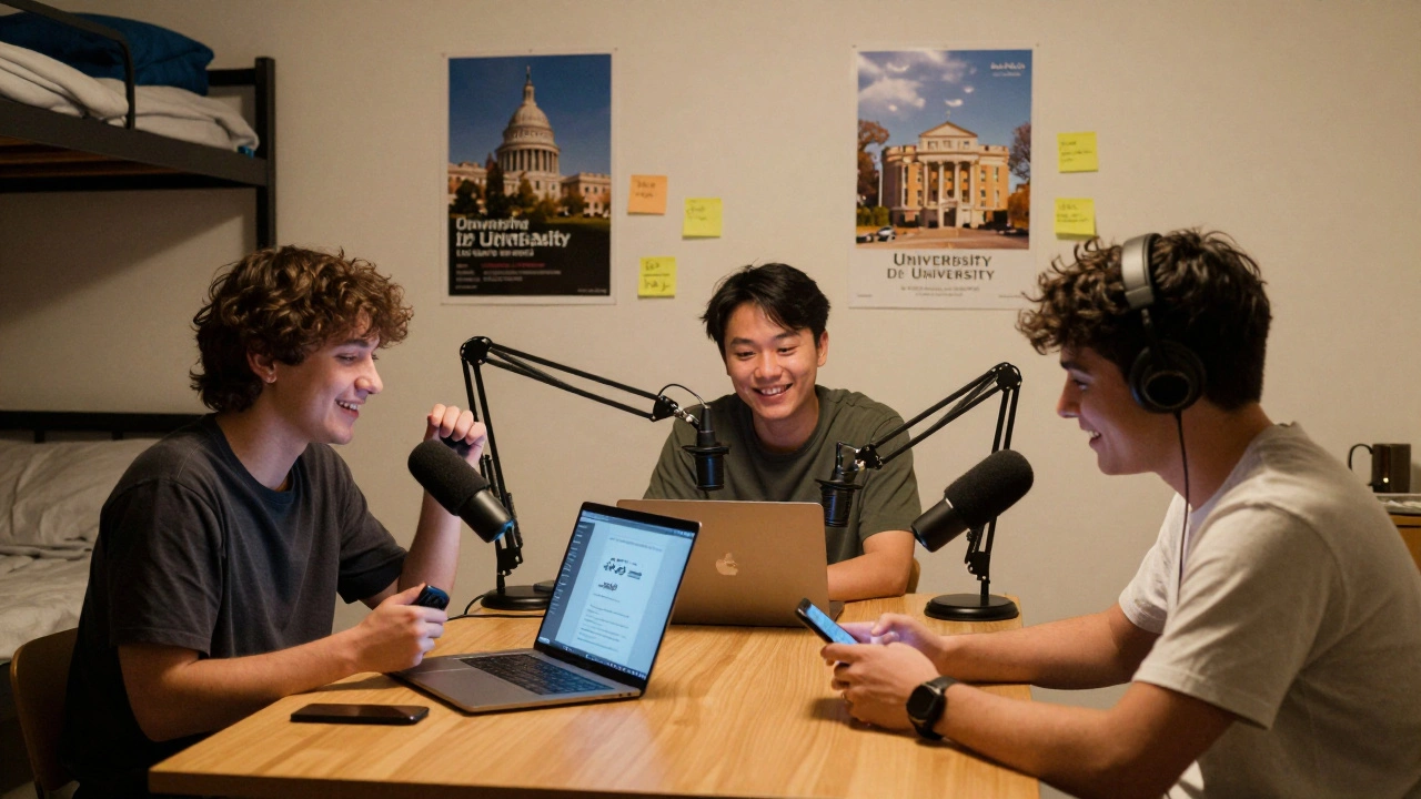 Three students listening to a podcast playback together in a dorm room.