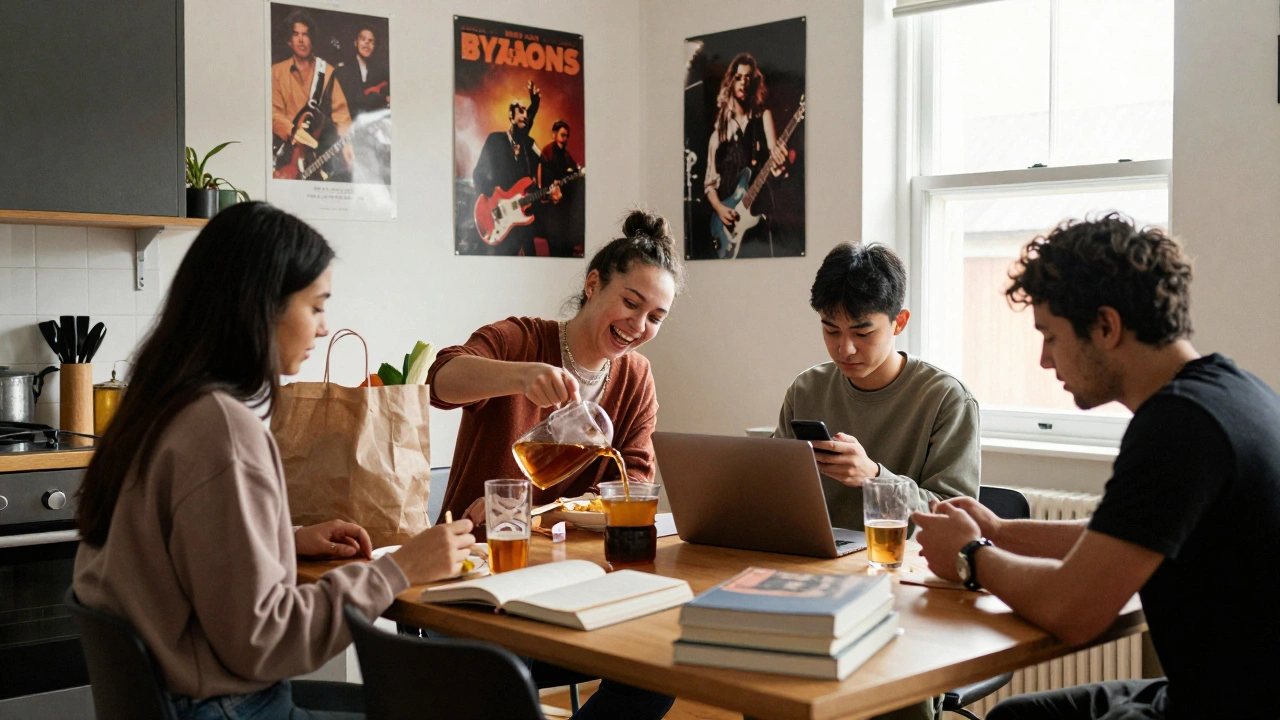 Three students sharing a meal in a shared house kitchen in Manchester, with groceries and textbooks around them.
