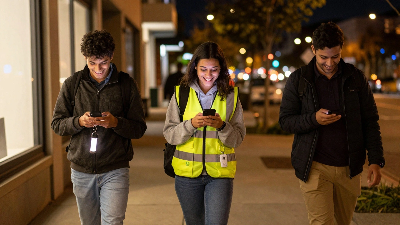 Three students walk safely together at night, one carrying a torch, a volunteer escort ahead, under warm streetlights.