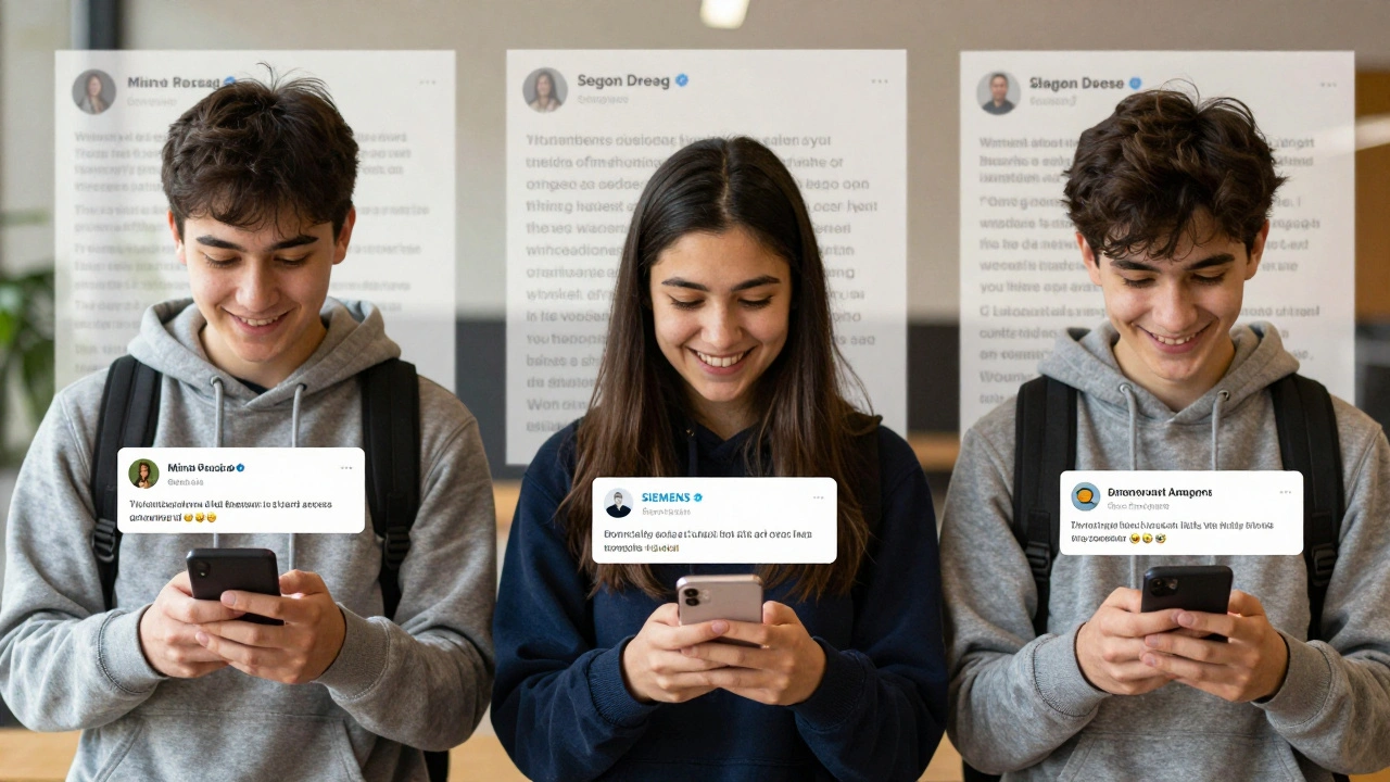 Three UK students smiling at their phones, each receiving a positive reply from a professional they messaged on LinkedIn.