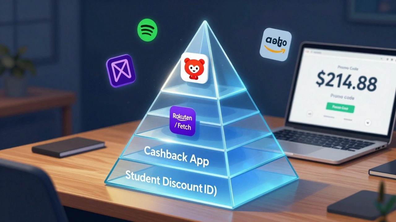 Transparent pyramid layers representing student discount, cashback, and promo code savings on a desk.