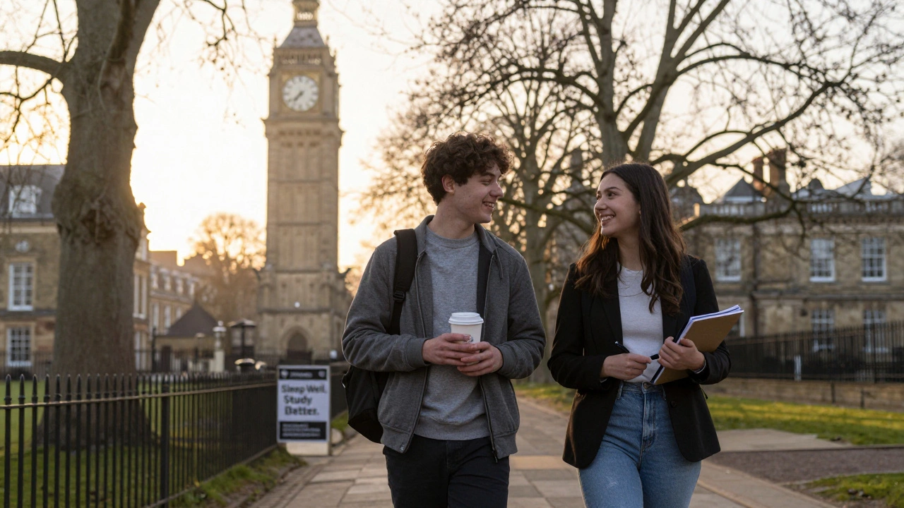 Two students walking together at dawn under a UK campus clock tower, one holding coffee, the other a notebook.