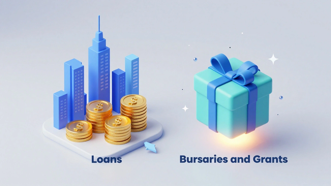 3D illustration of coins for loans and a gift box for student grants