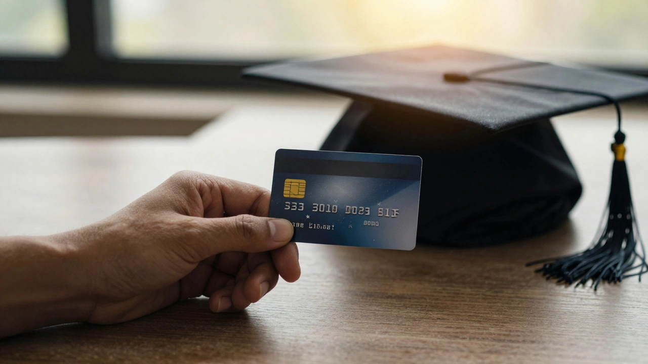 A bank card held in front of a graduation cap, symbolizing the end of student banking.