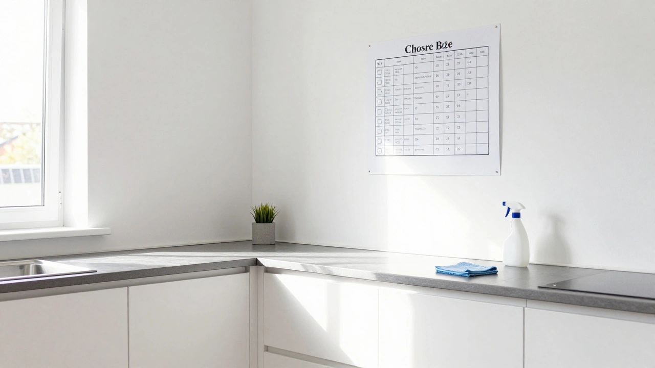 A clean shared student kitchen with an organized chore chart on the wall.