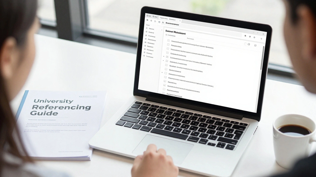 A clean workspace with a laptop running reference software and a university guide.