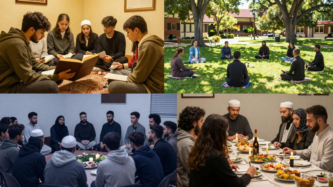 A collage representing diverse campus faith groups, including meditation and study circles.