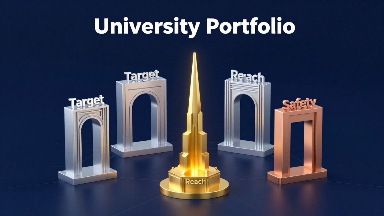 A conceptual representation of five university choices: reach, target, and safety options.