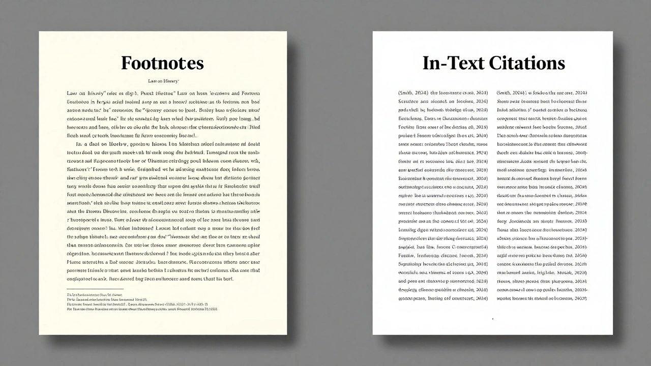 A conceptual split-screen comparison between footnote and in-text citation styles.
