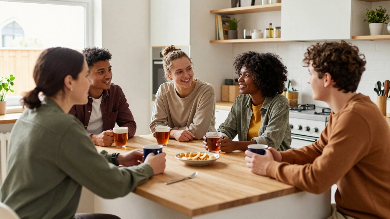 A diverse group of students talking warmly in a shared inclusive house kitchen.