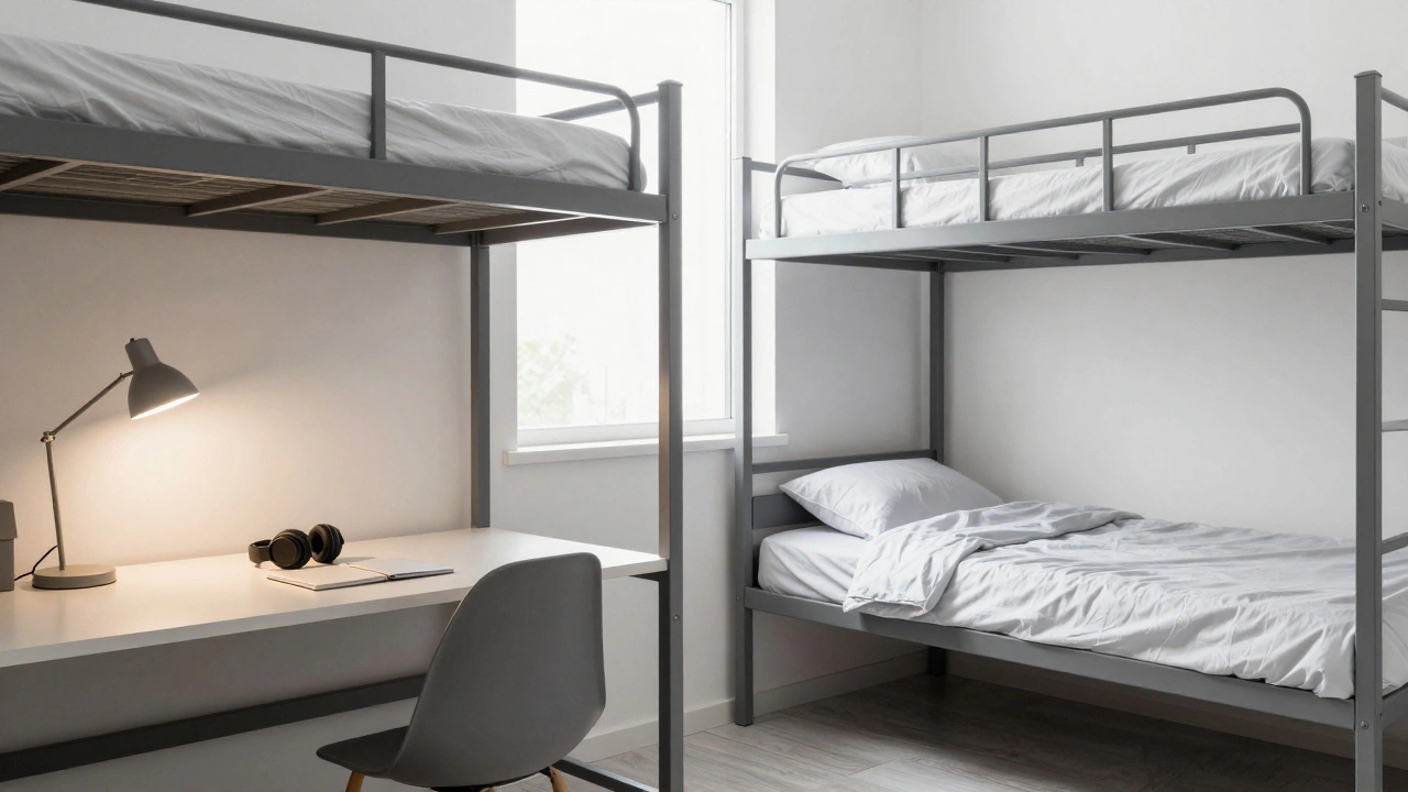 A dorm room showing a clear physical separation between a dedicated study desk and a cozy bed.
