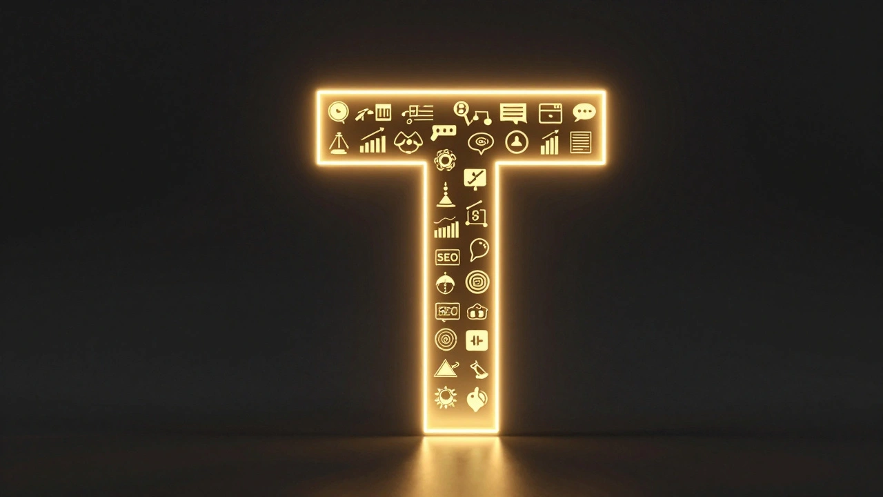A glowing neon T-shape symbolizing broad industry knowledge and deep specialized expertise.