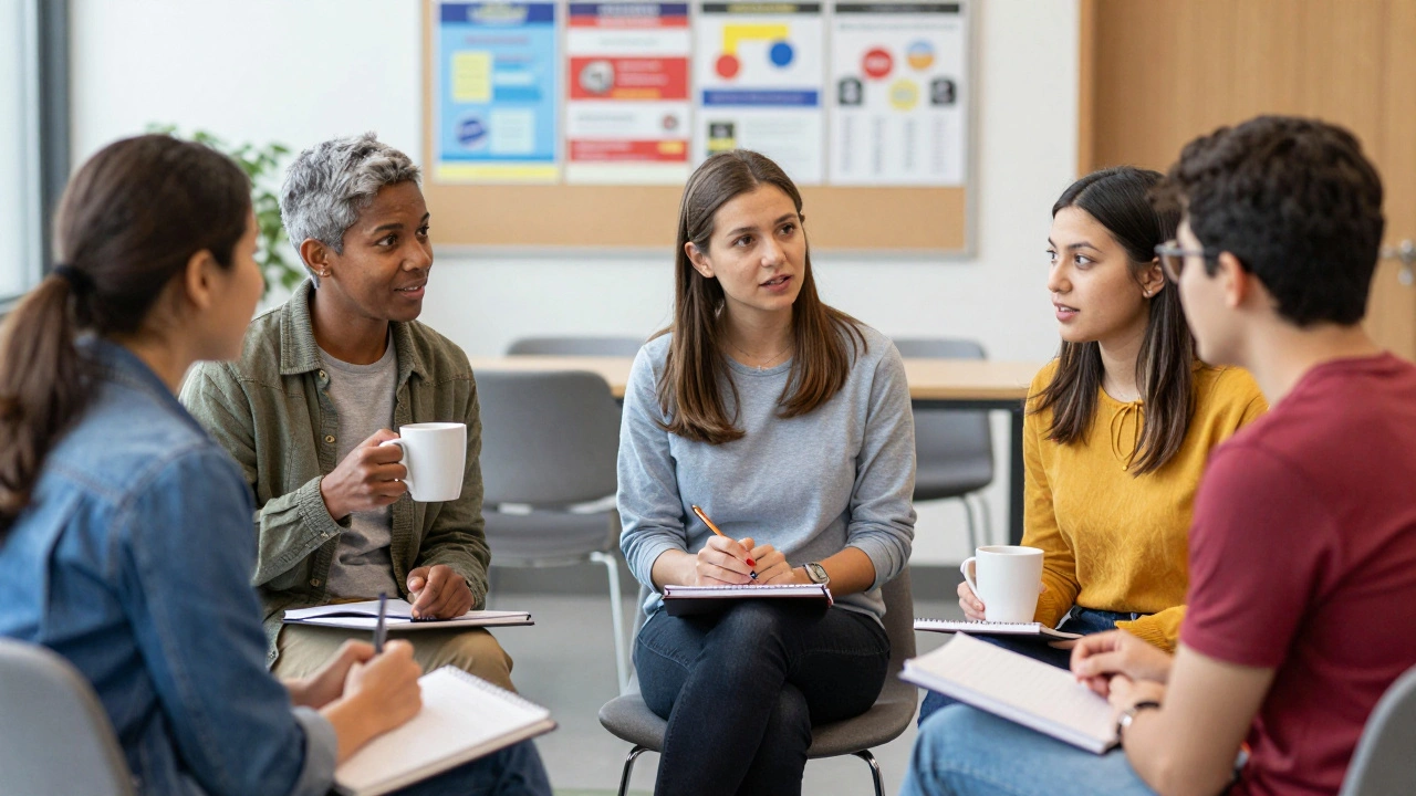 A group of mature students talking and supporting each other in a university lounge