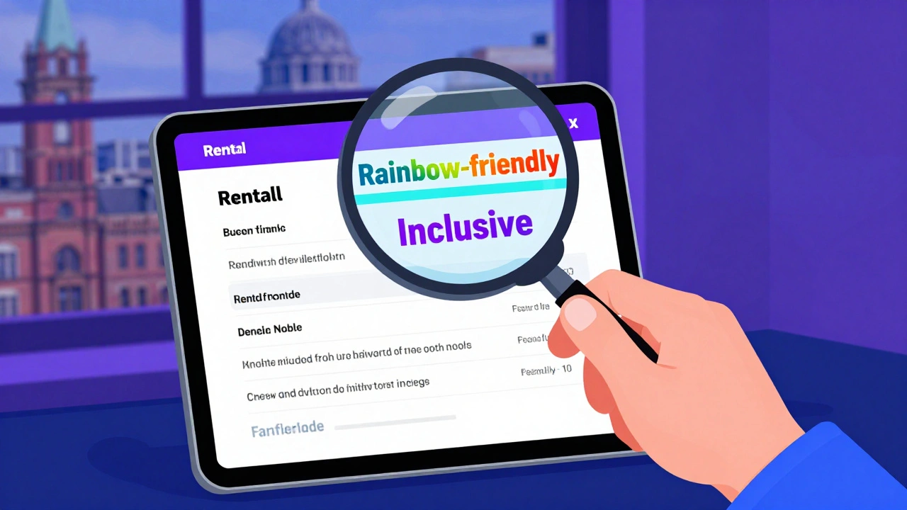 A hand using a magnifying glass to find inclusive keywords in a rental listing.