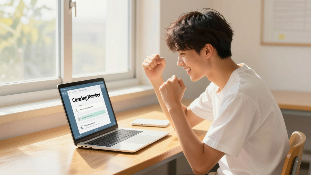 A happy student sitting by a window with a laptop after receiving a university placement.
