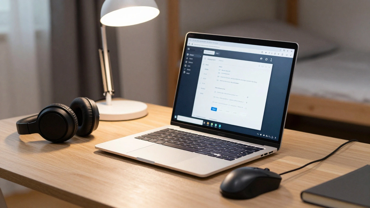 A laptop with assistive software and ergonomic equipment on a student's desk.