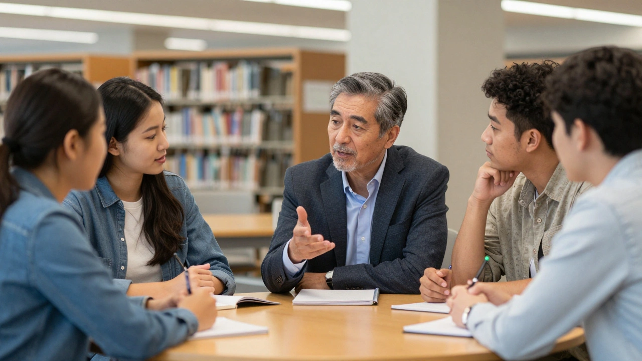 A mature student mentoring a group of younger university peers in a library.