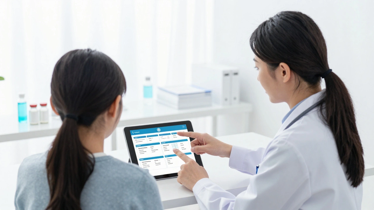 A medical professional discussing travel vaccine options with a student in a modern clinic.