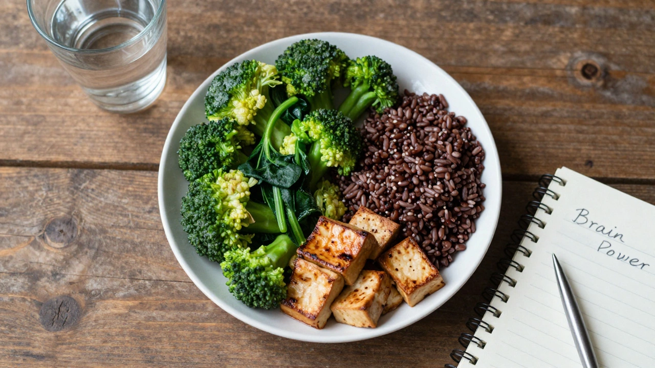 A nutritionally balanced meal with brown rice and vegetables next to study notes