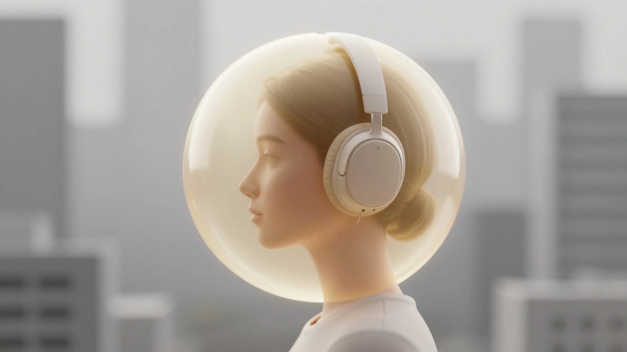 A person in a glowing golden bubble of sound wearing noise-canceling headphones