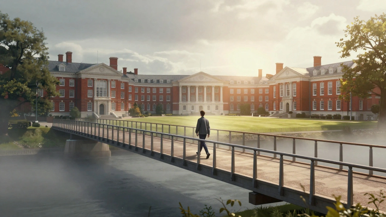 A person walking across a bridge from a grey area toward a sunny university campus