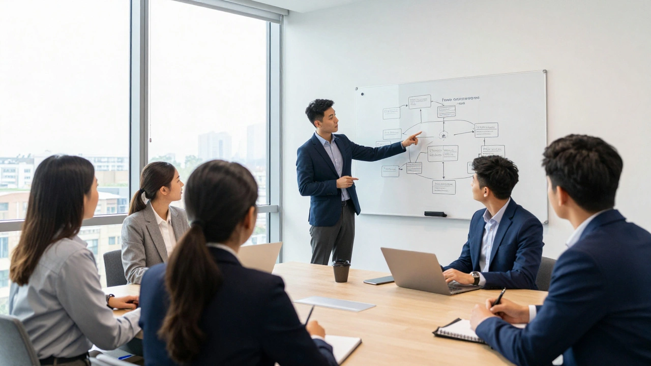 A professional mentor guiding interns in a bright, modern office with a project roadmap on a whiteboard.