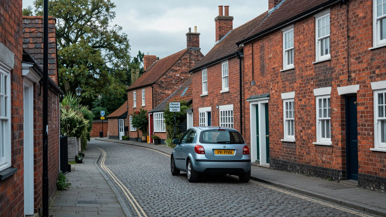 A small car driving through a narrow, traditional British street with brick houses
