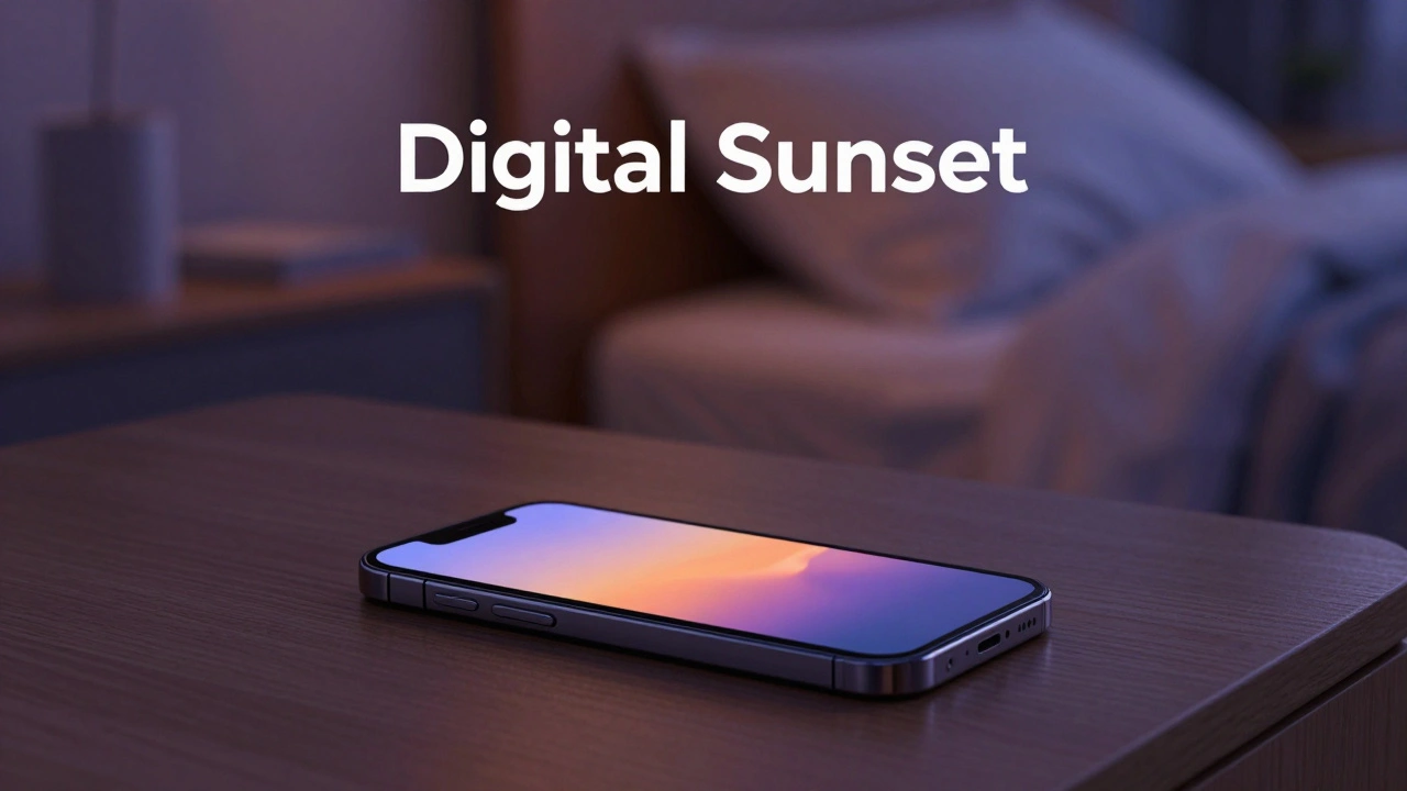 A smartphone lying face-down on a nightstand during a peaceful twilight evening.
