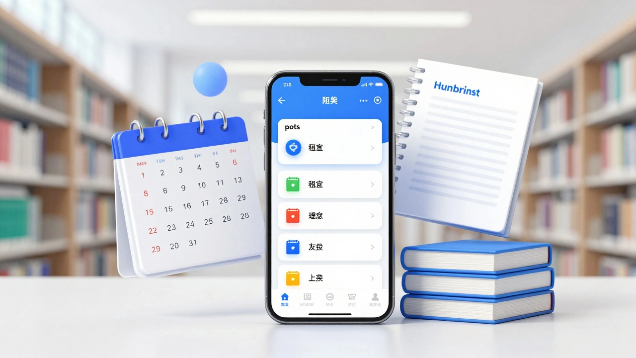 A smartphone showing budgeting pots surrounded by academic organization tools.