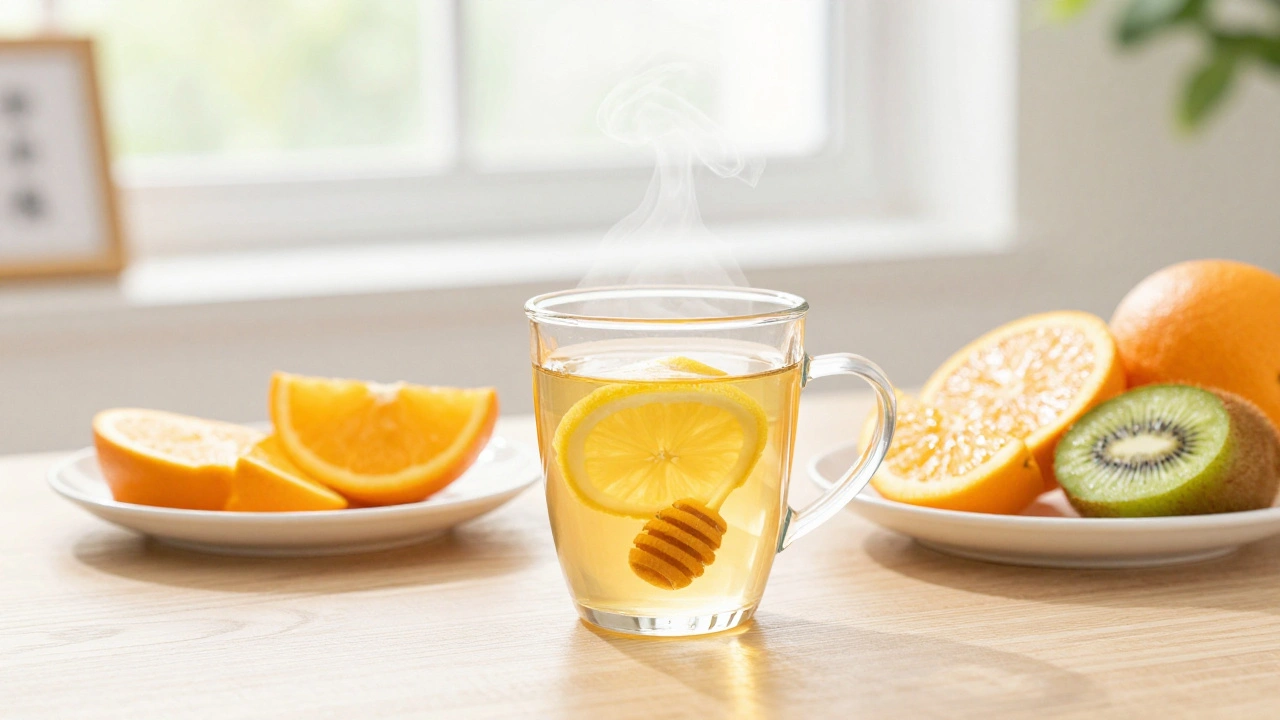 A steaming mug of lemon tea and fresh citrus fruits on a bright student desk