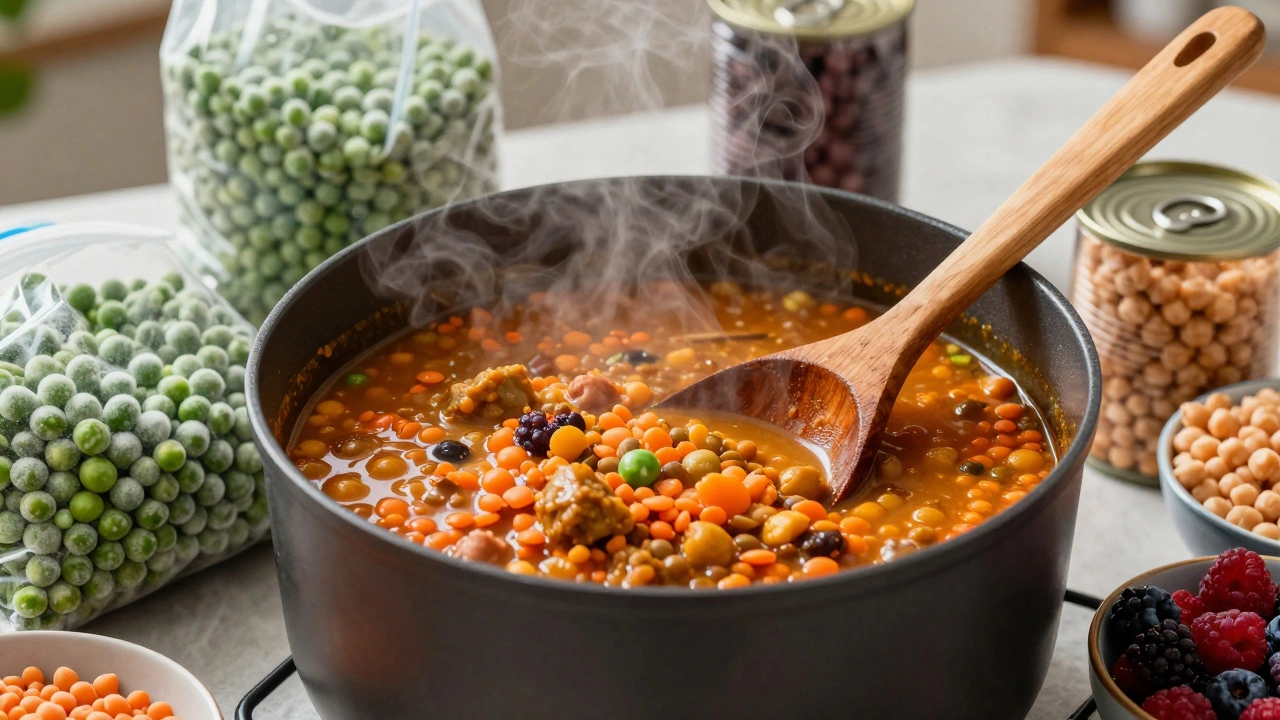 A steaming pot of lentil dahl surrounded by frozen vegetables and chickpeas