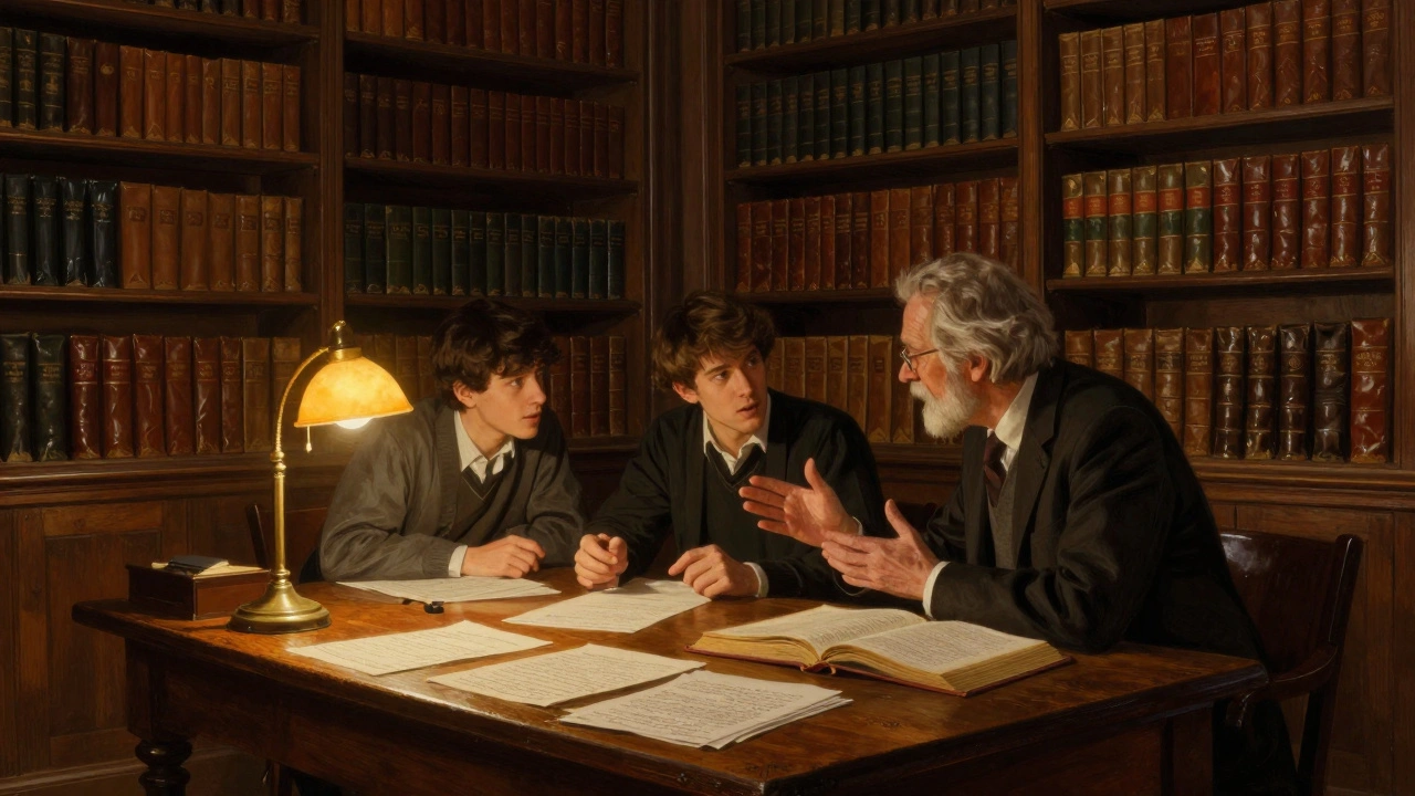 A student and professor having an academic tutorial in a historic, wood-paneled university room.