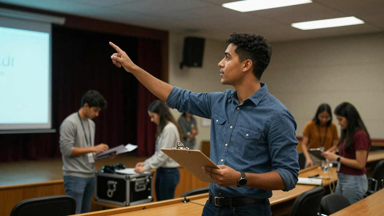 A student leader confidently organizing a large event in a university auditorium.