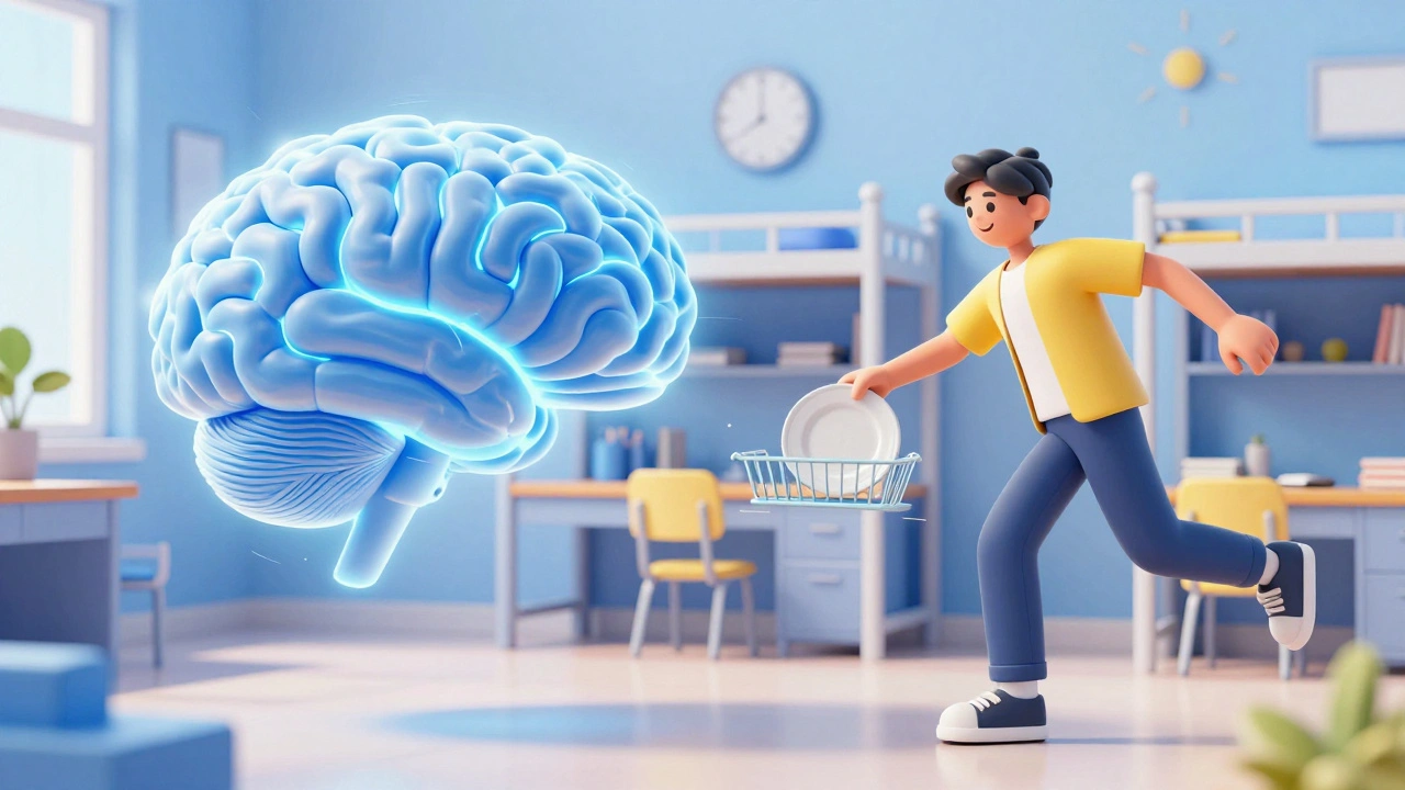 A student taking a mental break by doing dishes in a bright, modern dormitory room.
