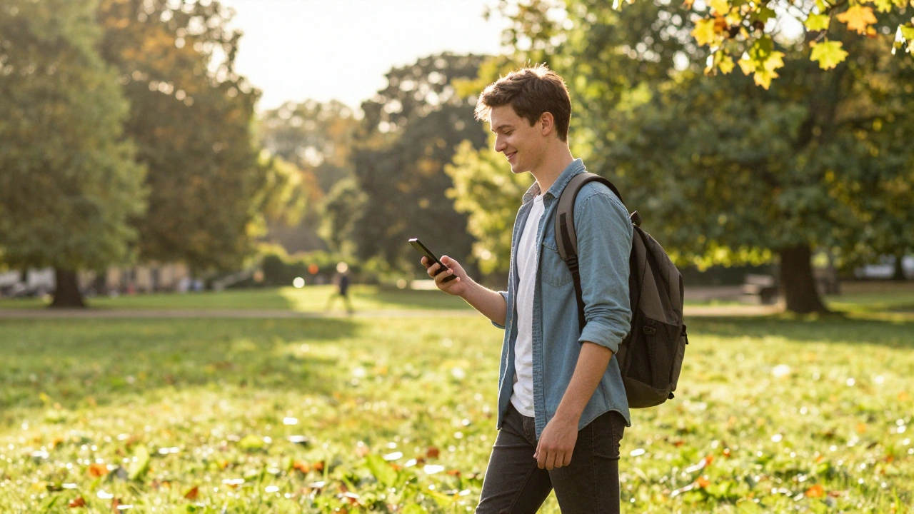 A student walking through a sunny green park, enjoying a break from digital devices.