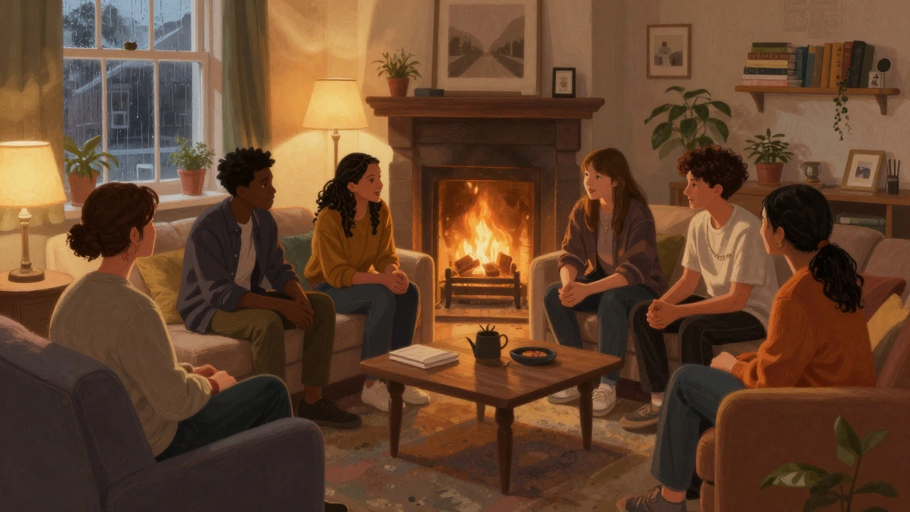 A supportive group of students talking in a cozy university common room.