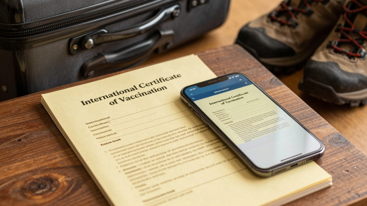 A yellow vaccination certificate book and a smartphone showing a digital copy of the record.